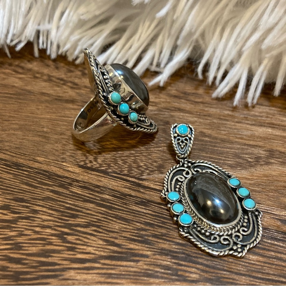 Set Turquoise and Hematine Statement Ring and Pendant Sterling Silver - Picture 7 of 15